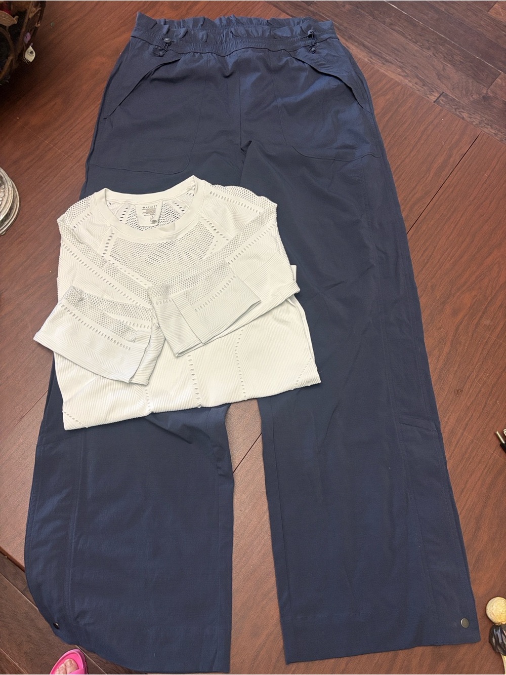 Athleta Wide-Leg Pull-On Pants and White cut out long sleeve shirt set